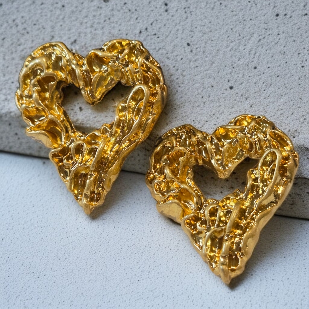 18k Gold Plated Chunky Molten Heart Oversized Earrings - Picture 3 of 7
